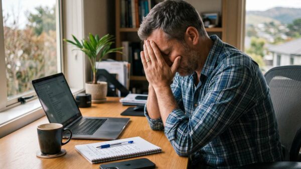 Business owner burnout - a tired entrepreneur sitting at his desk with his head in his hands