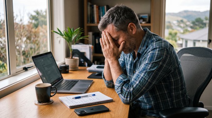 Business owner burnout - a tired entrepreneur sitting at his desk with his head in his hands
